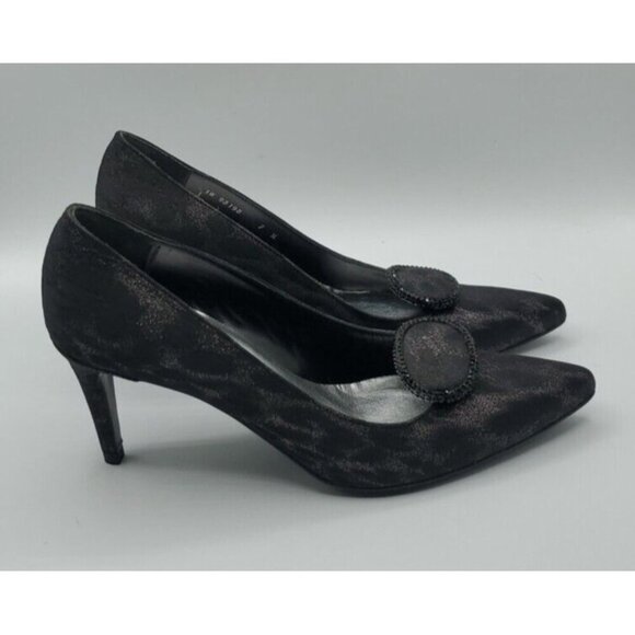 Stuart Weitzman Fabric Black Slight Animal Print Heels w/ Toe Deco Size 7M /37.5 - Picture 6 of 13